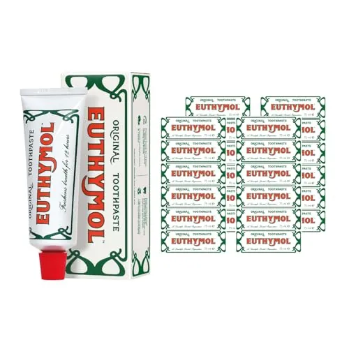 Euthymol Original Pasta de dientes 75ml x 24, Sin Flúor, Antiplaca, Antibacteriano, Protección contra la Caries, Dientes y Encías Para limpio y sano, Refrescar Menta Fresca, Cuidado dental Diario