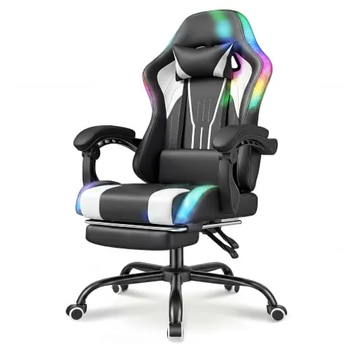 Devoko Silla Gamer RGB Ergonómica con Reposacabezas, Lumbar Ajustable, Reposapiés Retráctil, 90-135°, 150 kg, Experiencia de Juego Inmersiva, Blanco