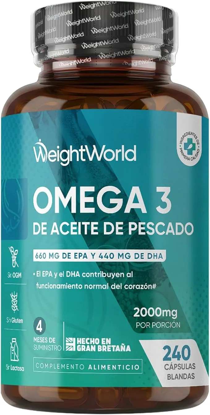 Omega 3 2000mg - 240 Perlas de Aceite de Pescado (660mg EPA + 440mg DHA) - Ácidos Grasos de Omega 3 para 4 Meses, Sin OGM