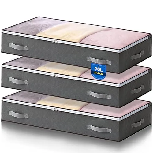 AIOR 3 Piezas 90L Bolsas Almacenaje Ropa Debajo de la Cama, Cajas Almacenaje de Gran Capacidad con Ventana Transparente, Cama Organizador Armario para Ropa Mantas Edredones, 100x50x18cm