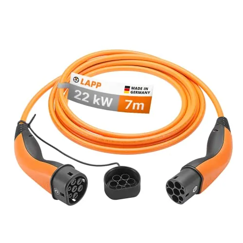 Lapp Mobility Cable Carga Coche Eléctrico Tipo 2, 22kW, 32A, Trifásico, Modo 3 - Cable de Carga Vehículo Eléctrico, Cargador EV, Portátil Cable Recarga Coche Eléctrico, 7m Naranja