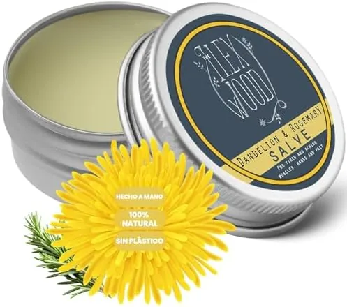 Bálsamo de diente de león y romero, 100% natural, vegano, para masajes, para dolores musculares, sin aceite de palma, sin crueldad animal, sin plástico, hecho a mano y orgánico, 100 ml