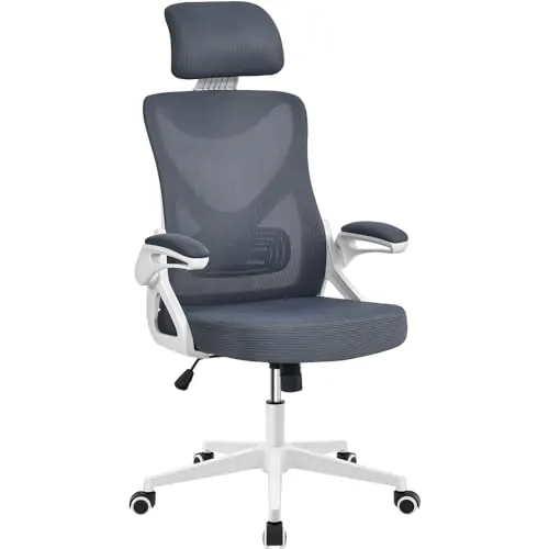 Yaheetech Silla de Oficina Ergonomica Silla Reposabrazo Ajustable Silla Oficina Trabajo con Reposacabeza Silla Giratoria Blanco Gris