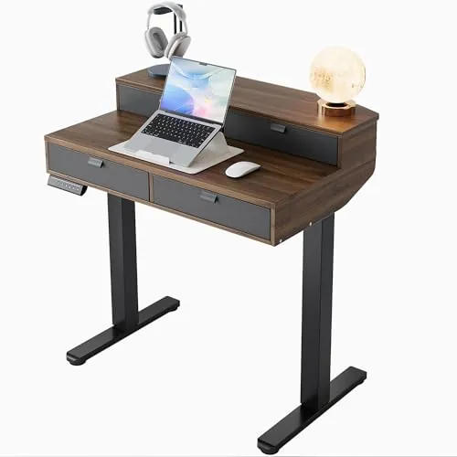 HUANUO Escritorio Elevable Pequeñ 80 x 53 cm con Cajones, Comp con Abraz C, Escritorio Ajustabl en Altura para Sentado/De Pie, Mesa Elevable para Oficina en Casa con 4 Niveles Altur Memor