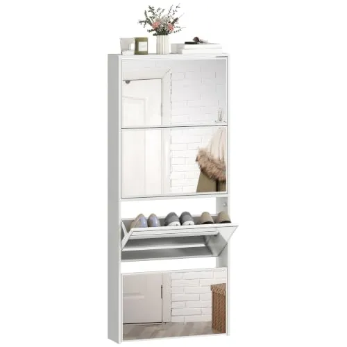 HOMCOM Zapatero Estrecho 4 Puertas con Espejo 63x17x146 cm Blanco | Zapatero Entrada Recibidor, para 12 Pares de Zapatos, para Pasillo, Espacios Reducidos