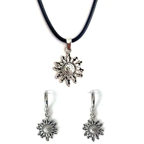 ASTER ALHELÍ - Conjunto Pendientes y Colgante Mujer Aros Pequeños Chapados en Platino - Colgante Sol Étnico Flor del Sol Plata Vieja - Amuleto Protector - Pendientes Originales Mujer