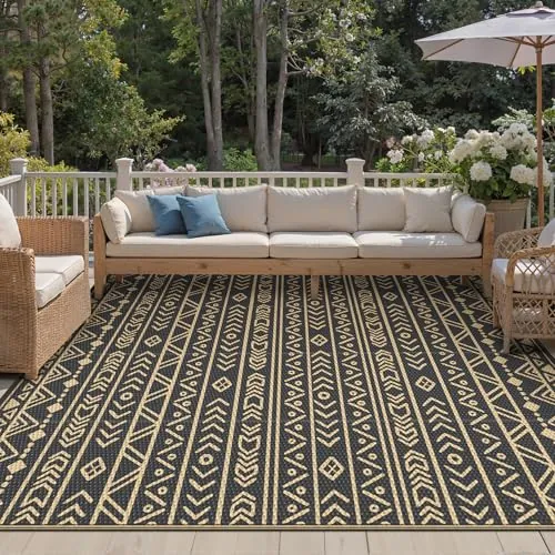 GENIMO Alfombra Exterior Terraza,Impermeable Reversible Plástico, Alfombra Barbacoa Exterior para Jardín, Picnic, Balcón,Boho Negro Marrón,275x365 cm
