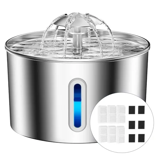 BalimoPet Fuente para Gatos Acero Inoxidable, 2,2L Bebedero Gatos con Cable Filtración Cuádruple, Ultra Silencioso, Fácil de Limpiar, con LED y 6 Filtros Carbón Activado