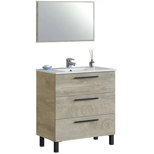 ARKITMOBEL Mueble de Baño Athena con 3 Cajones y Espejo, Módulo de Lavabo con Patas, Color Roble Alaska, Medidas: 80x86x45 cm (Lavabo No Incluido)