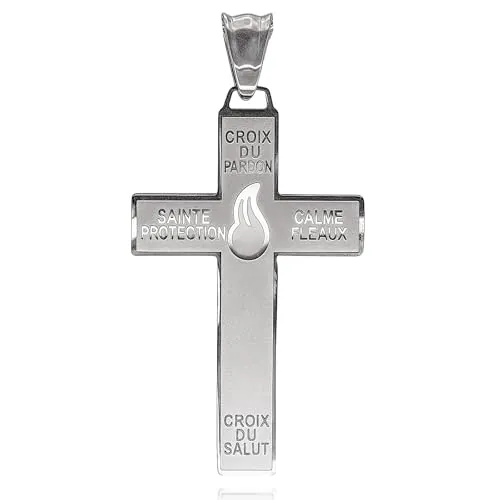 Mercilia Católica Marie Julie Jahenny de Benedicción con cruz de perdón de protección con llama esmaltada blanca, crucifijo de acero inoxidable