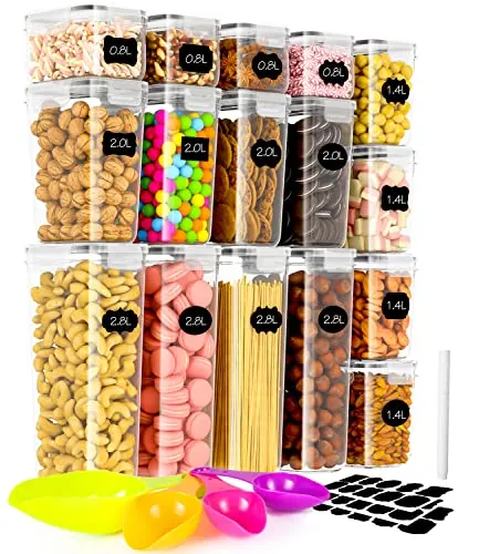 Botes Cocina Almacenaje 16 Piezas Recipientes para Alimentos de Plástico | Con Etiquetas y Cucharas Hermeticos Contenedores para Cereales,Pasta,Arroz,Harina,Granos, 2.8L 2L 1.6L 0.8L