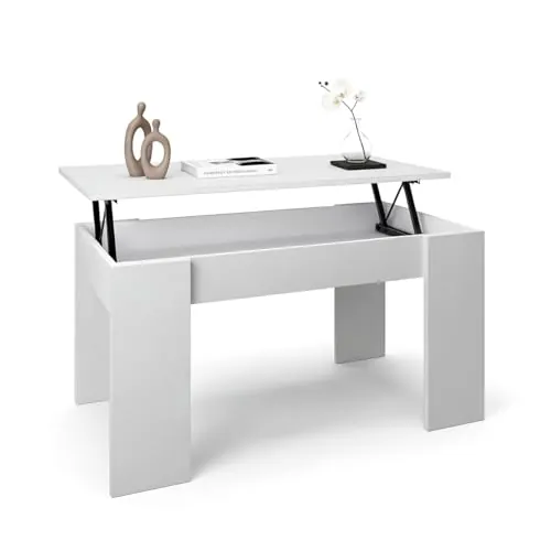 duehome | Mesa de Centro elevable, Mesita de Salón Comedor, Acabado en Blanco Artik, Modelo Norak, Medidas: 90 cm (Largo) x 50 cm (Ancho) x 45-53,3 cm (Alto)