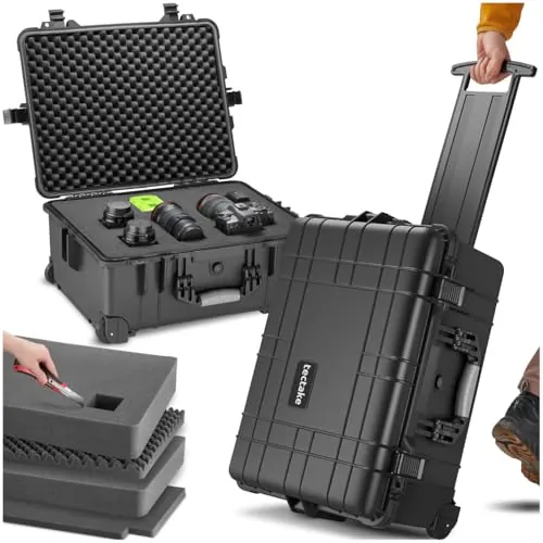 tectake® Maletín Cámara Vacío con Espuma, Carcasa Rígida, Carro Herramientas a Prueba de Golpes, Caja Herramientas con Ruedas y Asas Telescópicas, Resistente a la Intemperie, 56 x 46 x 27 cm