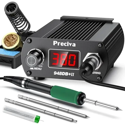 Preciva Estación de soldadura 948DB+ II con 3 canales preestablecidos, sistema de visualización LED, modo de suspensión, temperatura ajustable de 200°C a 480°C, termostato inteligente