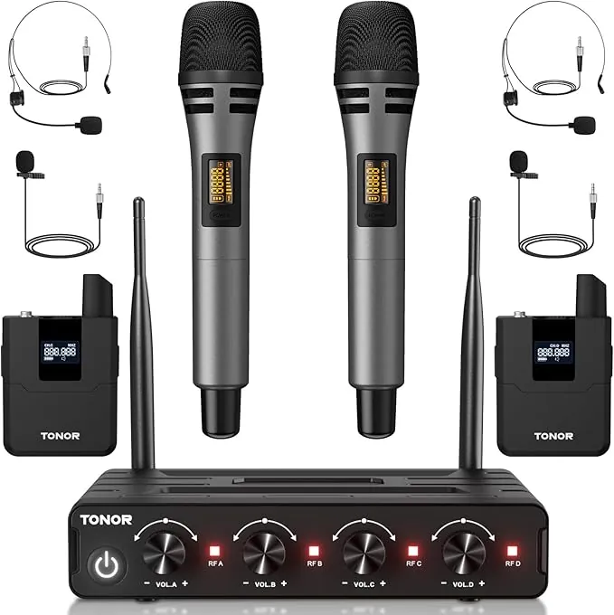 TONOR Set de micrófono inalámbrico UHF con transmisor bodypack/Diadema/Solapa, 4x5 Frecuencias, Alcance de 60m para Canto, Karaoke, Sistema PA, Altavoces TW362
