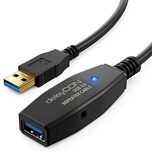 deleyCON Cable USB 3.0 activo de 15 m, alargador con 2 amplificadores de señal, repetidor USB 3.0 para PC, ordenador, impresora y escáner