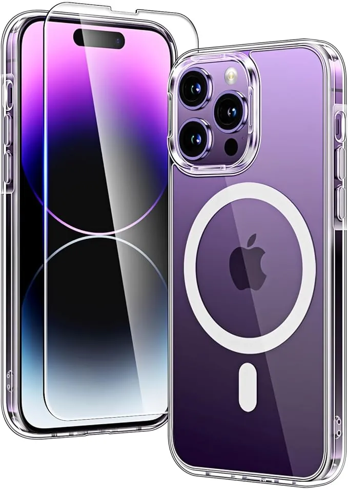 TAURI Funda para iPhone 14 Pro, Compatible con MagSafe [No amarillea] con Vidrio Templado, Carcasa Nueva para iPhone 14 Pro,Funda Ultra Fina antichoque - Transparente