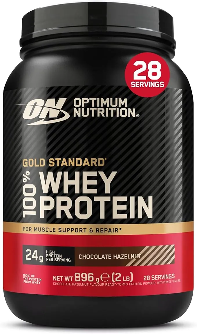 Optimum Nutrition Gold Standard 100% Whey, Proteína en Polvo, Sabor Chocolate y Avellana, 896g, 28 Servicios, Paquete Puede Variar