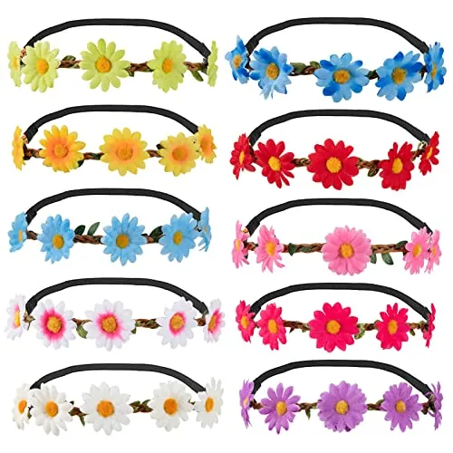 Diadema de Flores 10 Piezas Multicolor Diadema de Flores de Margarita con Cinta Elástica Ajustable para Mujeres Niñas Fiesta Playa