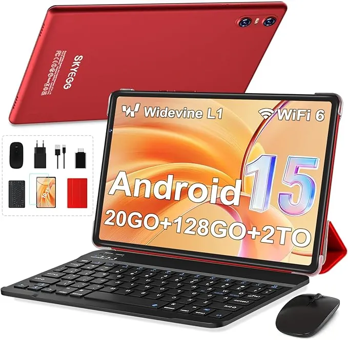 Tablet 10 Pulgadas 128 GB ROM–Ampliable hasta 2 TB, Android 15 con Gemini AI, 20 GB RAM, WiFi 6, Widevine L1, con Teclado, Ratón y Funda – Rojo