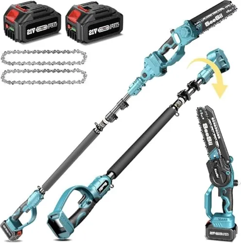 SEESII Motosierra de Pértiga Inalámbrica 2-en-1 y Mini Motosierra con 2 Baterías de 4000mAh, sin Escobillas de 8 Pulgadas con Pértiga Telescópica, Extensible hasta 15 Pies para Poda Árboles