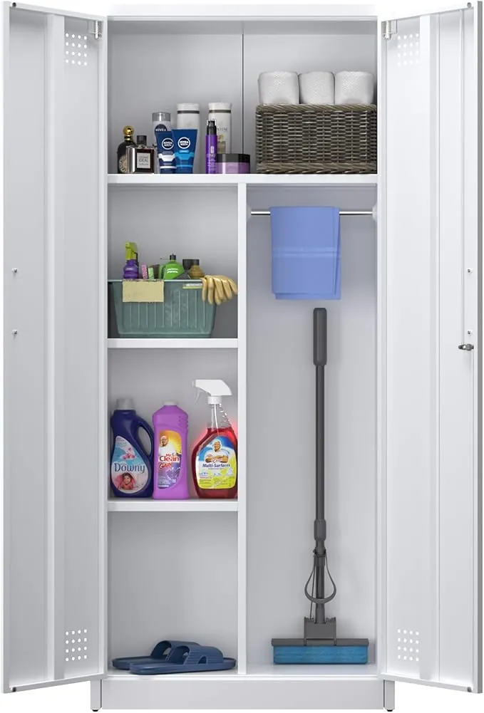 SUPEER Armario escobero, con ventilación y cierre magnético, multifuncional, armario de acero resistente para aspirador, productos de limpieza, ropa y accesorios del hogar, 70 x 30 x 165 cm