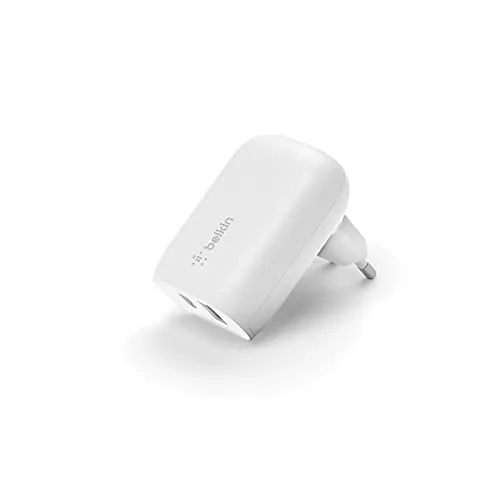 Belkin Cargador Doble de Pared de 37 W para Teléfono, Puerto USB-C PD de 25 W y USB-A de 13 W, Carga Rápida para Galaxy S23, S22, Ultra, Plus, Note 20, la Serie iPhone 14 y muchos Otros