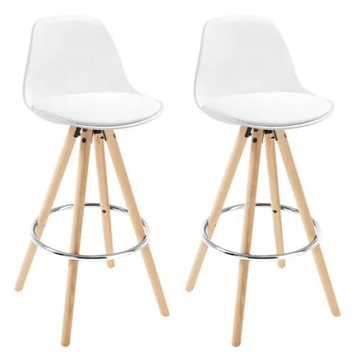 WOLTU Juego de 2 Taburete de Bar, Taburete Cocina con Respaldo y Reposapiés, para Cocina, Bar, Cuero Sintético, Blanco
