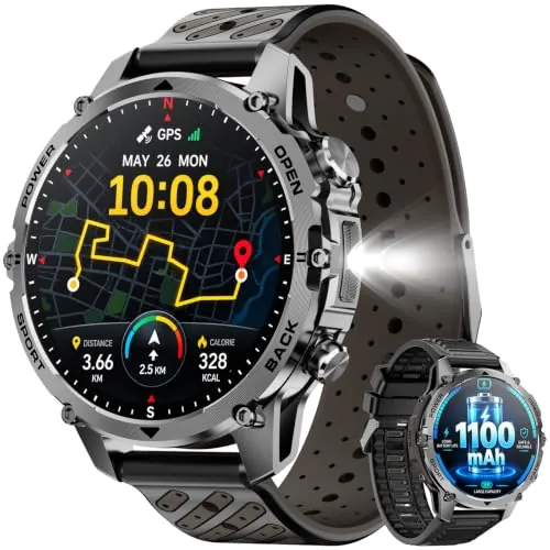 Militar Reloj Inteligente Hombre GPS, 1100 mAh, 1,7" Smartwatch, 2 Correas