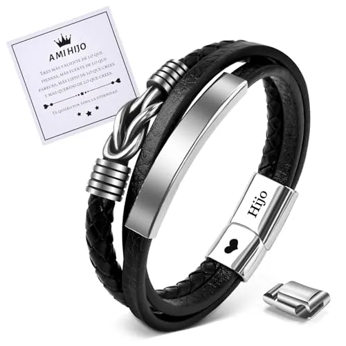 VU100 Pulsera De Piel De Acero Inoxidable Para Hijo - Regalo De Papá Y Mamá - Inspiración Para Cumpleaños De Niños (22cm)