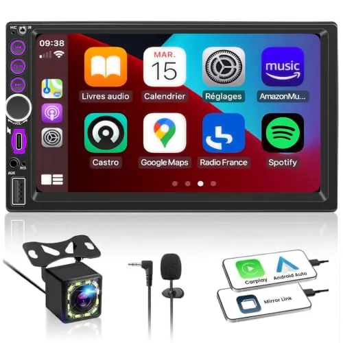 Radio Coche 2 DIN con CarPlay Inalámbrico y Android Auto - Pantalla Táctil HD 7", Autoradio Bluetooth con Cámara de Visión Trasera, Mirror Link, Type-C, USB, FM, EQ, Control Volante, Navegación GPS