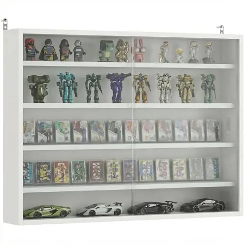 HOMCOM Vitrina Expositora para Colecciones de 5 Niveles, Vitrina de Pared, con Estantes Ajustables y 2 Puertas Correderas de Vidrio, para Perfumes, Figuras de Decoración, 80x9,5x60 cm, Blanco