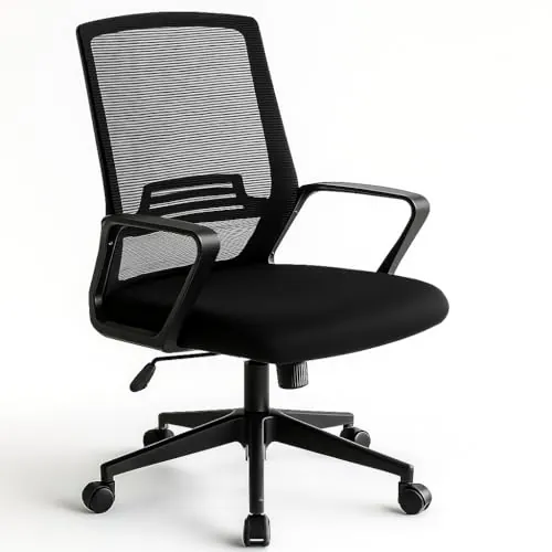 Silla de Oficina Ergonómica con Ruedas y Respaldo Transpirable | Altura Regulable y Soporte Lumbar | Ideal para Escritorio, Estudio o Habitación Juvenil | Diseño Moderno y Confortable | Color Negro