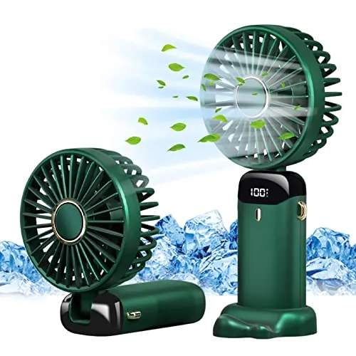 Jsdoin Ventilador de mano portátil, 5 velocidades recargable por USB,funciona con pilas, ventilador plegable de escritorio con pantalla LED para el hogar,oficina,dormitorio,viajes al aire (Verde)
