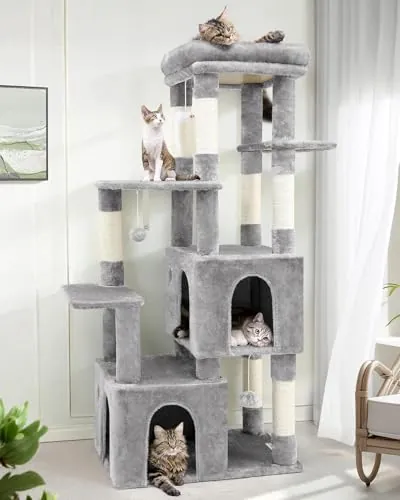 Globlazer Rascador para Gatos con 2 Grandes Nidos, 7 Postes de sisal, Plataformas Acolchada Superior, Pompones Juquetes Gato, Árbol Rascador Alto 156 cm para Gatos Grandes (F61, Gris Claro)