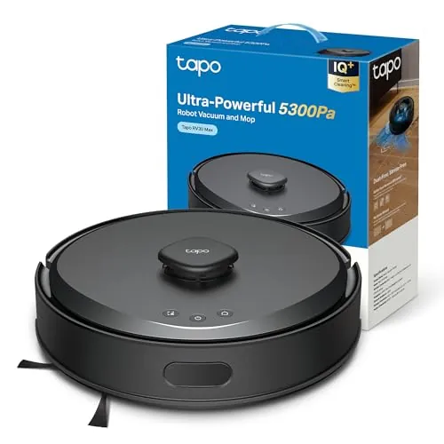 Tapo RV30 MAX - Robot Aspirador con 5300Pa, Doble Navegación LiDAR+IMU, Tasa de Recogida de Polvo Superior al 97%, IQ+ Smart Cleaning, Mapeo 3D, Control por Voz y App,sin Base de autovaciado,Negro