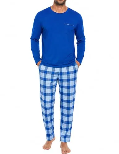Leversic Pijama Hombre Invierno Conjunto 2 Piezas Cuadros Manga Larga | Pijama Hombre de Algodón Con Camiseta Cuello Redondo y Pantalón Cuadros Para Dormir Cómodo en Otoño Invierno