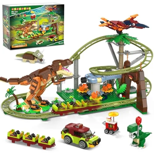HOGOKIDS Juguete de Bloques de construcción de montaña Rusa de Dinosaurios – 1222 Piezas de Juguete de construcción de montaña Rusa con 4 Dinosaurios, vehículos Todoterreno, Modelos de Dinosaurio