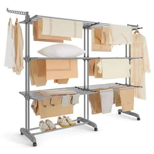 SONGMICS Tendedero Plegable de 4 Niveles, con Ruedas, Alas Plegables, (131-200) x 63,5 x 177,5 cm, Gran Capacidad, Montaje Fácil, Uso Interior y Exterior, Gris LLR704G01
