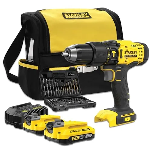 STANLEY FATMAX SFMCD711DSA-QW - Taladro Percutor 18V, Gama V20, 2 velocidades, Luz LED, Incl. juego de brocas y 50 piezas, 2 baterías recargables de 2,0 Ah, cargador y bolsa de herramientas