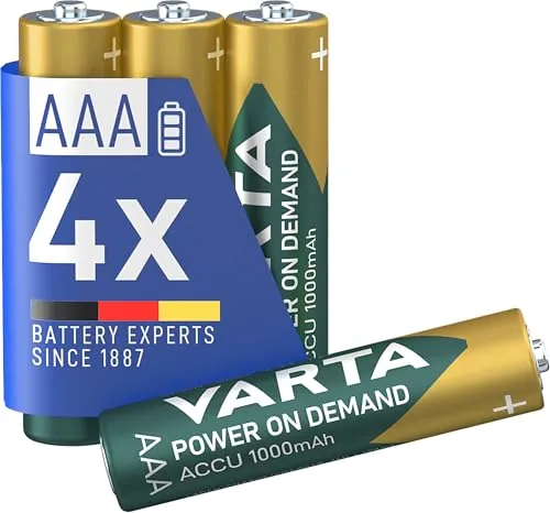 VARTA Pilas AAA, recargables, paquete de 4, Recharge Accu Power, batería recargable, 1000 mAh Ni-MH, sin efecto memoria, precargadas, listas para usar