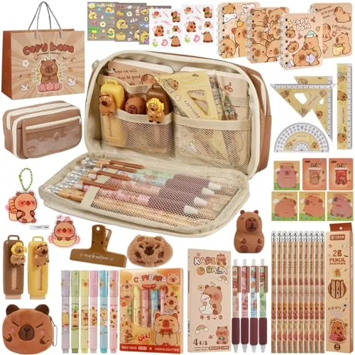 Realjoy 60 Piezas Juego de Papelería Capybara, Estuche Capibara con Cuaderno, Bolígrafo de Gel, Regla, Pegatinas, etc., para la Escuela, la Oficina, Niños y Estudiantes, Regalo de Vuelta al Cole