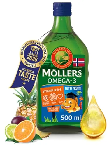 Moller’s ® | Aceite de hígado de bacalao | Complemento dietético para niños con omega-3 EPA, DHA y vitaminas A, D y E | Sabor Tutti Frutti | 500 ml