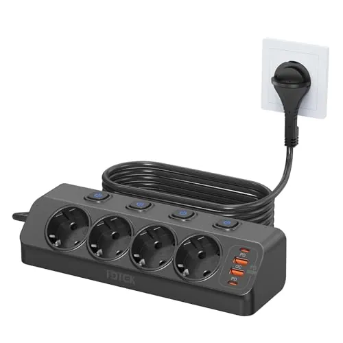 Regleta Enchufe con Proteccion Sobretension, FDTEK Enchufe de Mesa con USB C Carga Rápida PD20W, Ladron Enchufe con Cuatro Interruptores Independientes, Regleta para Pared, Cable de 2M, Negro