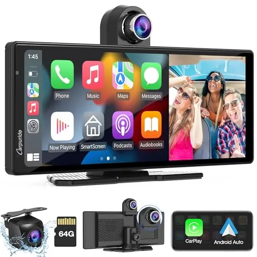 Carpuride W903=903-L Carplay Inalámbrico Portátil & Android Auto con Dash CAM-Pantalla HD IPS de 9,3, Cámara Frontal&Trasera 4K, Grabación Bucle, Bluetooth, Mirror Link, GPS, Siri, Montado el Tablero