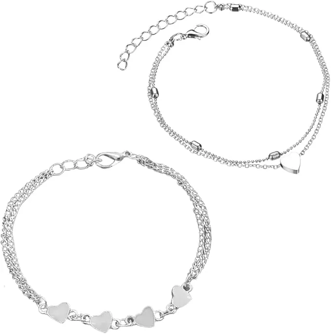 2 Piezas Tobilleras de Plata para Mujer, Ajustables, con Doble CorazóN, JoyeríA para Pies de Playa, Regalos para Mujeres Y Adolescentes