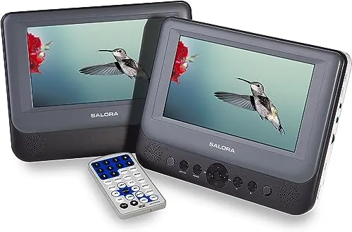 Salora DVP7048TWIN Reproductor DVD Portátil 2×7″ Gris y Blanco – DVD Portátil Dual Screen, Compatible CD/DVD±R/RW, Salida AV, Batería 2 h, Pantalla Coche Niños, USB y Control Remoto