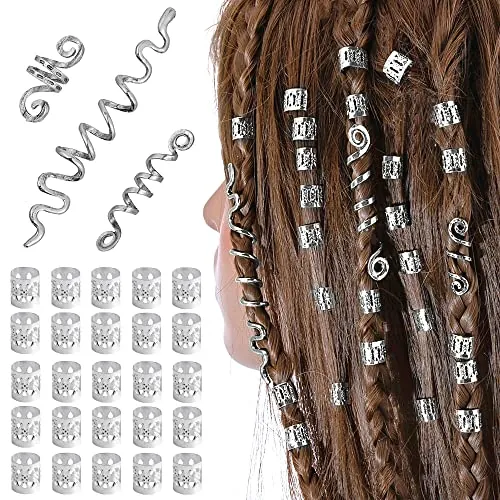 XCSJ 28 Pcs Bobina Joyería El Cabello Anillos Ajustables Cabello Trenzas De Metal Accesorio Para El Cabello Dreadlocks De Pelo Accesorios Para El Cabello Para Trenzas Para Hombres y Mujeres (Plata)