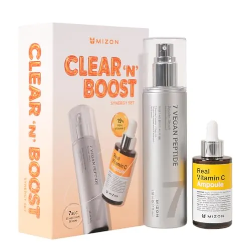 [MIZON] CLEAR'N'BOOST VITAMIN C SYNERGY SET - Vegan Peptide Booster Serum 150 ml + Real Vitamin C Ampoule 30 ml, rutina coreana de cuidado facial para glow, tono uniforme, poros y líneas finas