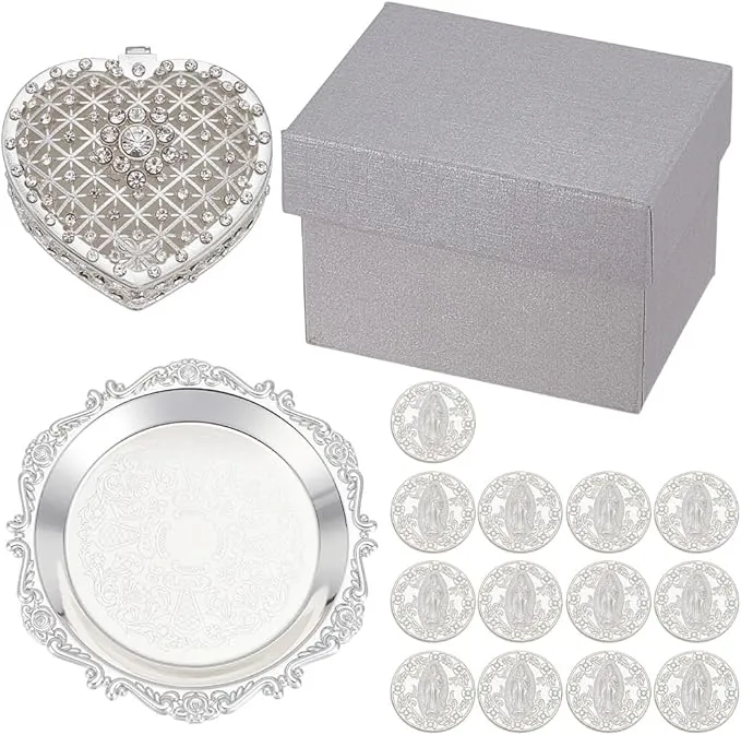 ORIGACH Arras de boda de plata, Arras de Boda Cristiana, caja en forma de corazón con 13 monedas de Jesús y bandeja en relieve, accesorios de boda para ceremonia